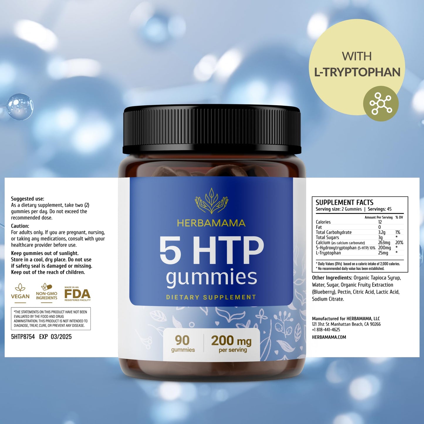 HERBAMAMA 5-HTP Gummies – 200mg Calm & Relaxation | Vegan, Non-GMO Blueberry (90)