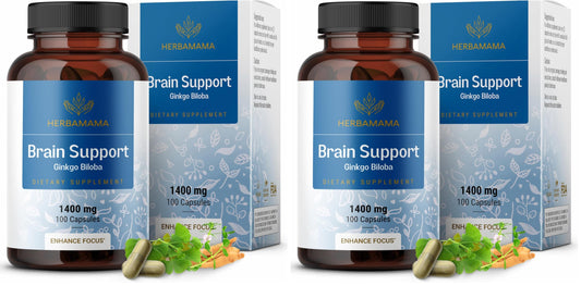 HERBAMAMA Brain Support Capsules – 1400mg Focus Supplement with Bacopa, Ginseng & Ginkgo | Vegan, Non-GMO, 100 Caps (Pack of 2)