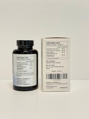 HERBAMAMA Brain Support Capsules – 1400mg Focus Supplement with Bacopa, Ginseng & Ginkgo | Vegan, Non-GMO, 100 Caps (Pack of 2)