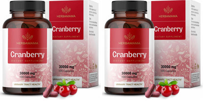 Herbamama Cranberry Extract Capsules – 30,000mg Cranberry Powder for Urinary Tract Support | Vegan, Non-GMO, 100 Caps (Pack of 2)
