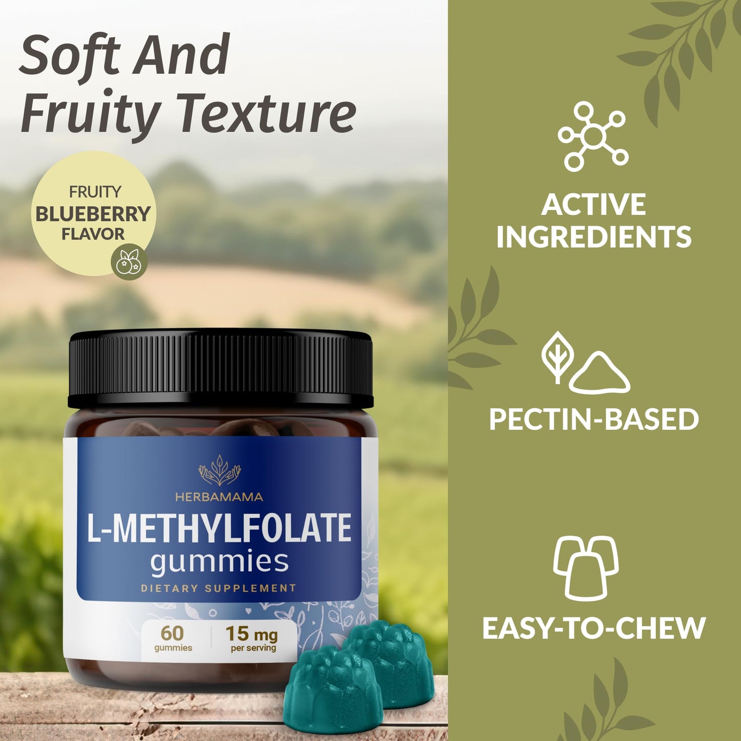 Herbamama L-Methylfolate Gummies 15mg - Calming Brain Support, Vegan & Non-GMO | 60 Blueberry Chews (Pack of 2)