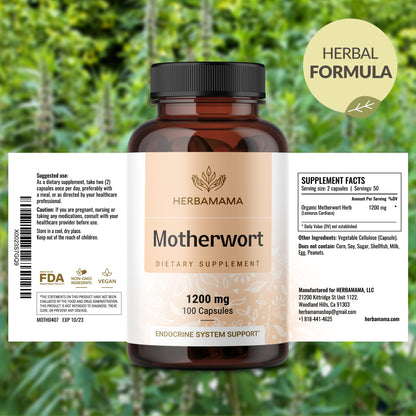 HERBAMAMA Motherwort Capsules 1200mg – Calm & Mood Support for Women | Vegan, Non-GMO