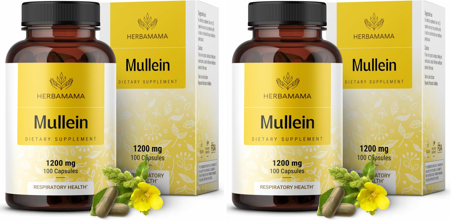 HERBAMAMA Mullein Leaf Capsules - 1200mg Lung Detox Support | Vegan & Non-GMO | Pack of 2