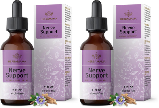 HERBAMAMA Nerve Support Supplement - Vegan Nerve Support Formula with Ashwagandha & Bacopa Monnieri for Brain - Non-GMO, Alcohol & Sugar-Free Daily Calming Drops for Adults, 28-Day Supply (Pack of 2)