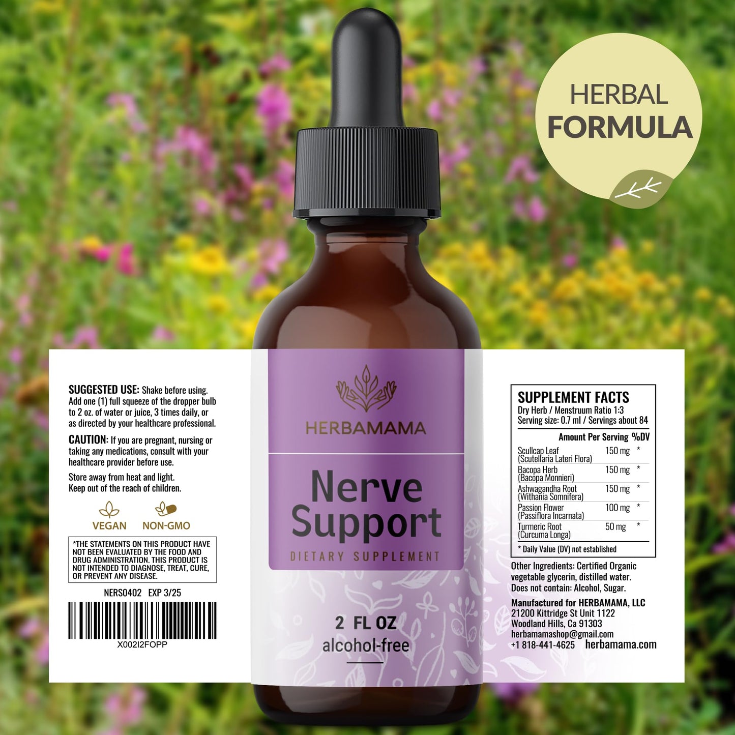 HERBAMAMA Nerve Support Supplement - Vegan Nerve Support Formula with Ashwagandha & Bacopa Monnieri for Brain - Non-GMO, Alcohol & Sugar-Free Daily Calming Drops for Adults, 28-Day Supply (Pack of 2)