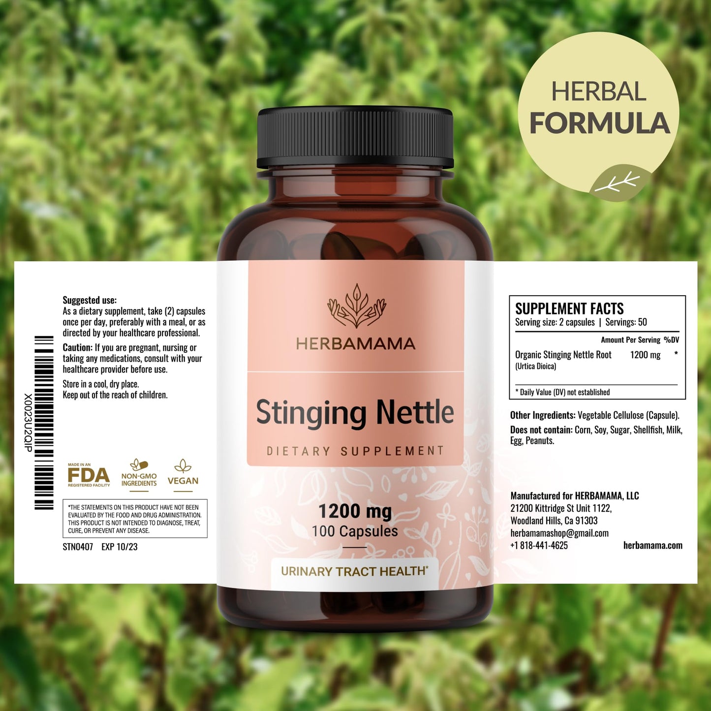 HERBAMAMA Stinging Nettle Capsules 1200mg Root Extract – Urinary Tract Support (Vegan, Non-GMO)