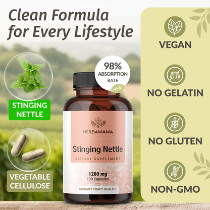 HERBAMAMA Stinging Nettle Capsules 1200mg Root Extract – Urinary Tract Support (Vegan, Non-GMO)