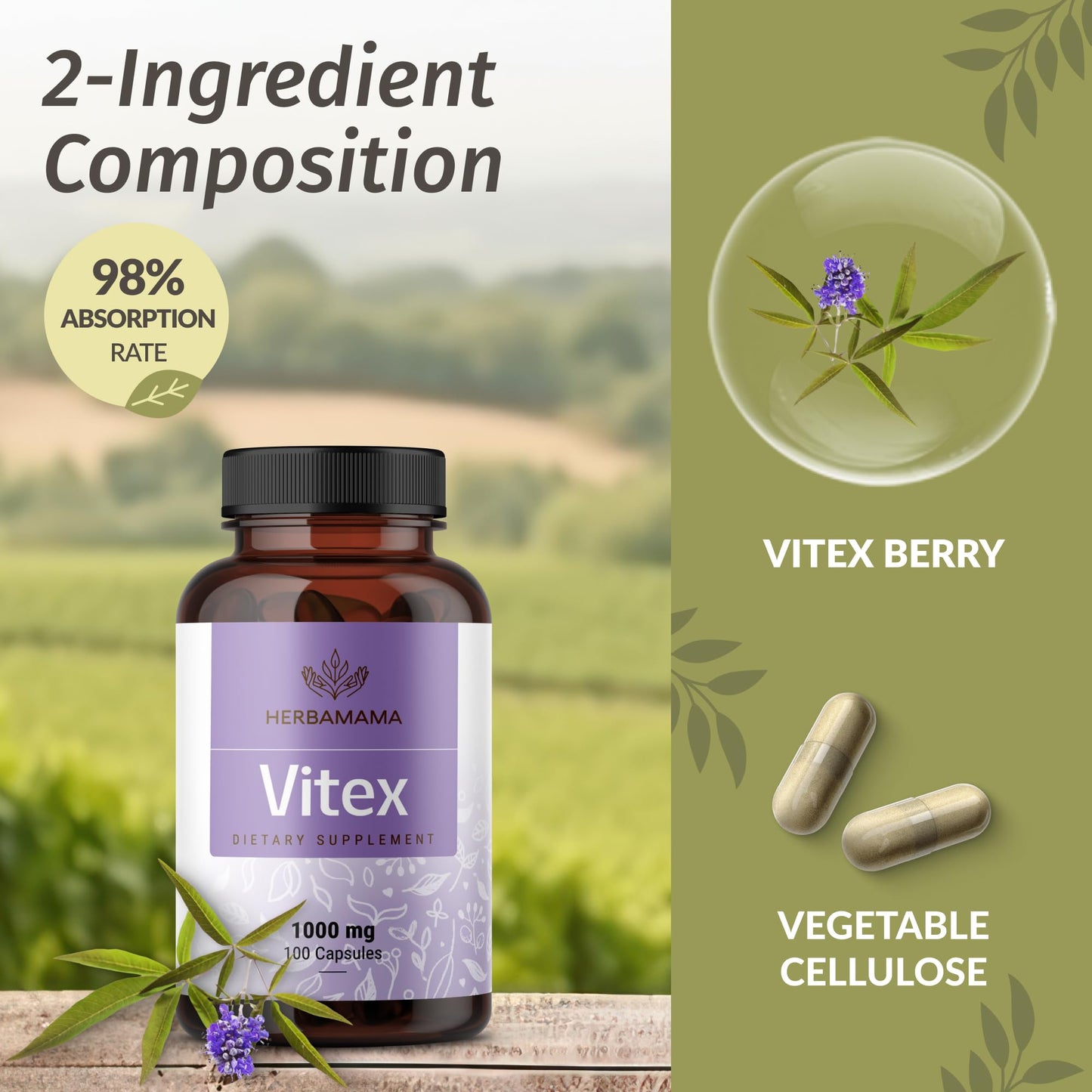 HERBAMAMA Vitex Fruit Capsules - 1000mg Chaste Tree Berry Powder for Women's Support - Vegan, Non-GMO Pure Vitex Chasteberry Supplement for Women (Pack of 2)