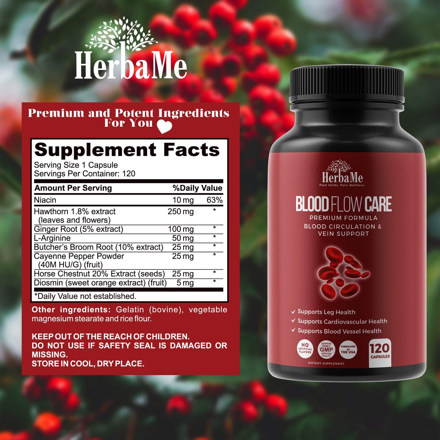 HerbaMe Blood Circulation Supplement – 120 Capsules for Vein & Heart Health