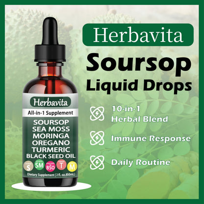 Herbavita Soursop Liquid Drops 10-in-1 | Sea Moss, Moringa, Turmeric & Black Seed Oil | Vegan, Non-GMO