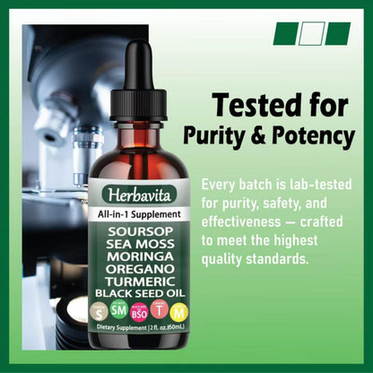 Herbavita Soursop Liquid Drops 10-in-1 | Sea Moss, Moringa, Turmeric & Black Seed Oil | Vegan, Non-GMO