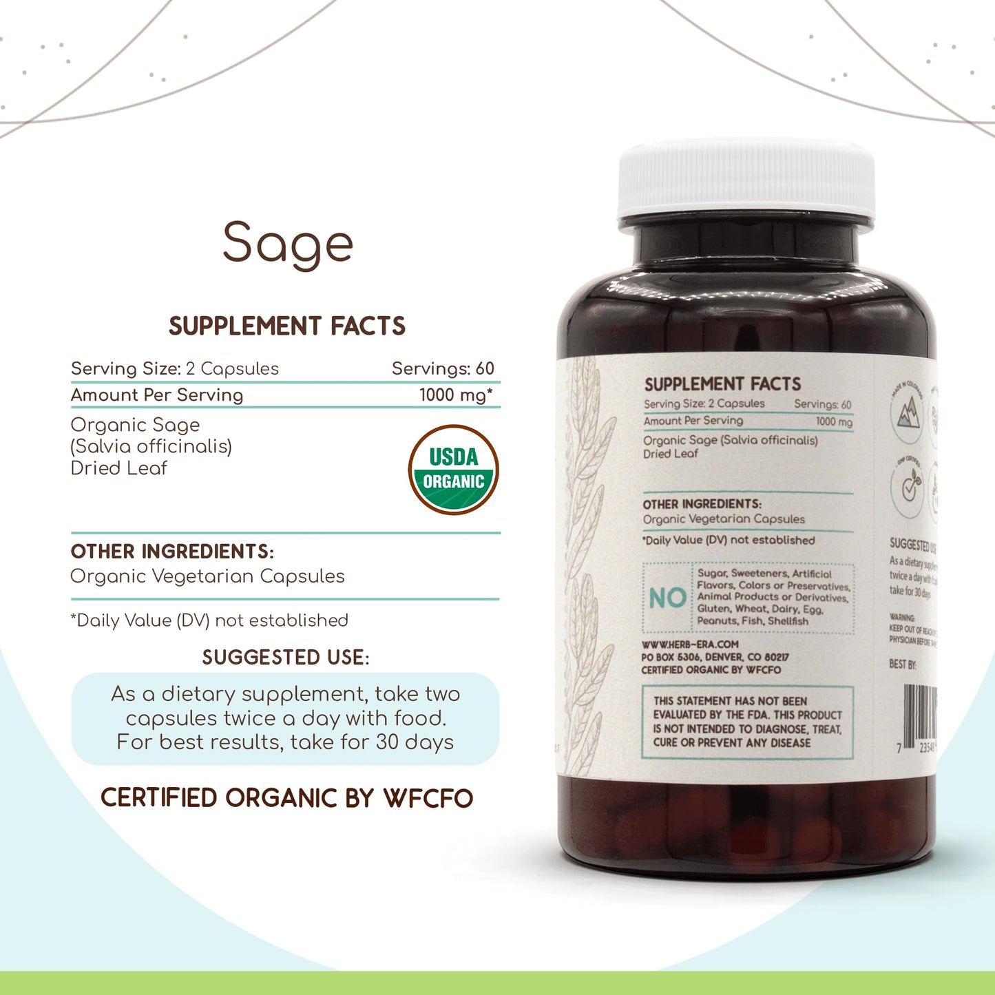HerbEra Sage USDA Organic 120 Capsules | Organic Sage Supplement