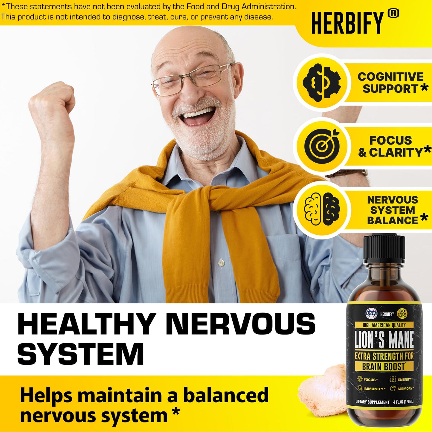 HERBIFY Lions Mane Supplement – Brain Booster, Focus & Clarity, Immune Support | 4 oz