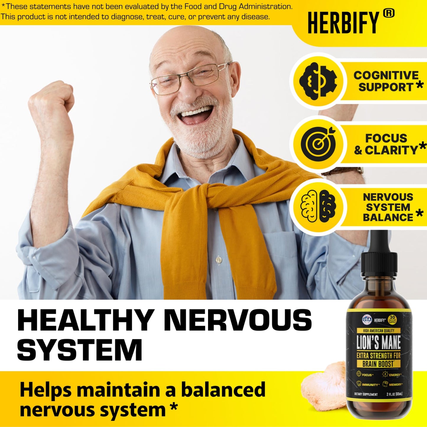 HERBIFY Lions Mane Mushroom Supplement - Immune Support & Focus (2 fl oz, 2 Pack)