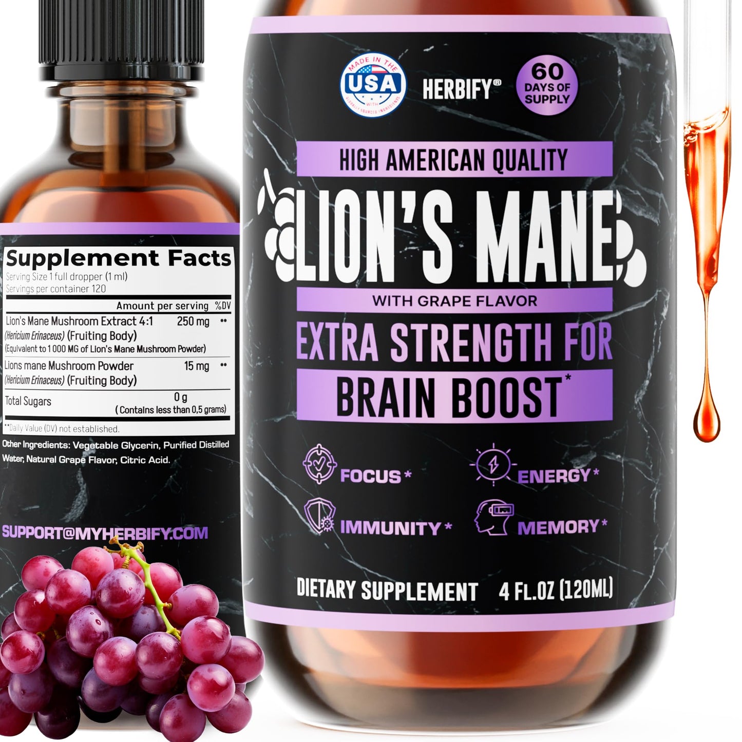 HERBIFY Lions Mane Supplement – Brain Booster for Memory, Focus & Clarity | 4 fl oz Grape