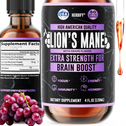 HERBIFY Lions Mane Supplement – Brain Booster for Memory, Focus & Clarity | 4 fl oz Grape