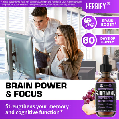 HERBIFY Lions Mane Supplement – Brain Booster for Memory, Focus & Clarity | 4 fl oz Grape
