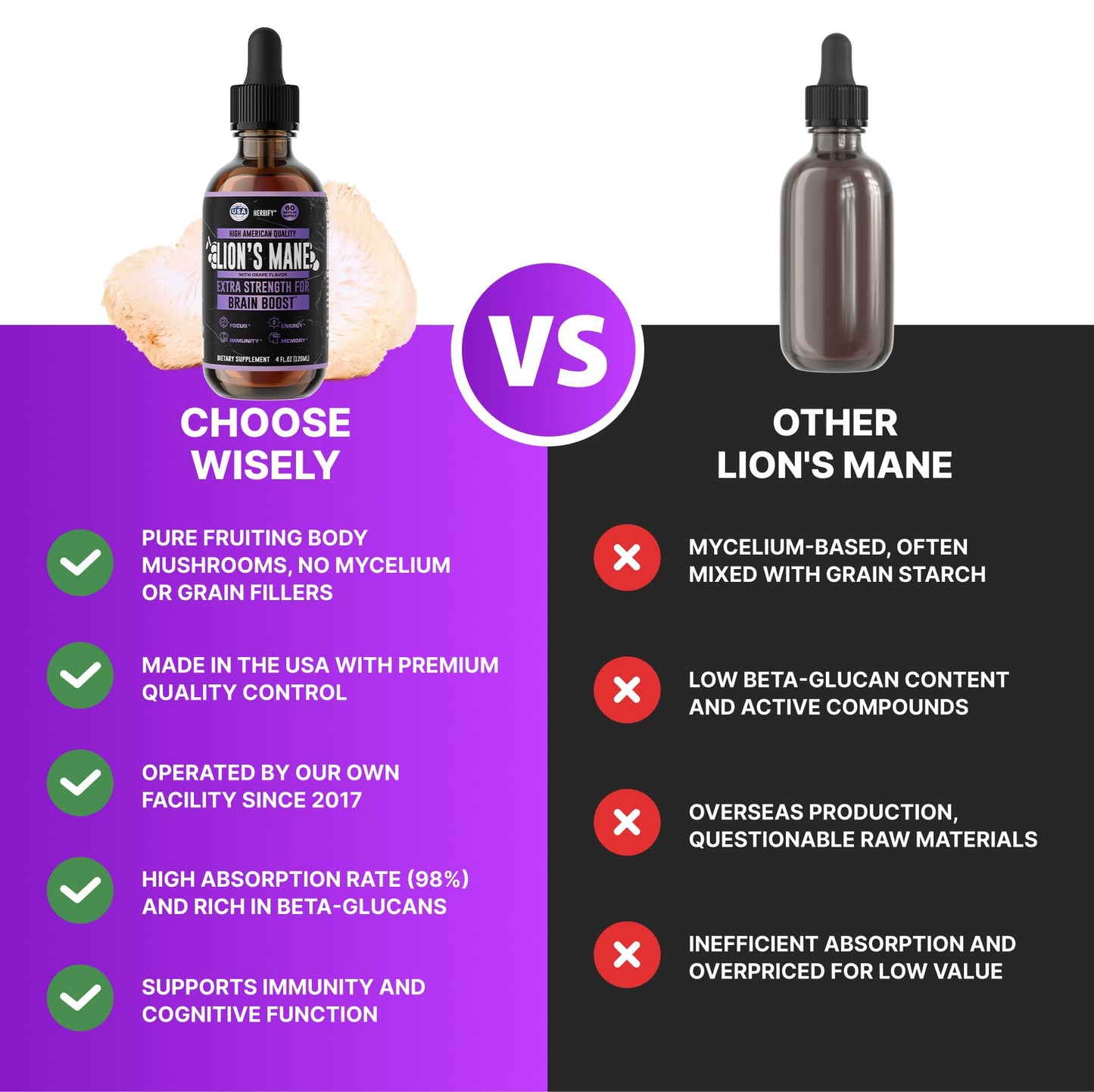 HERBIFY Lions Mane Supplement – Brain Booster for Memory, Focus & Clarity | 4 fl oz Grape