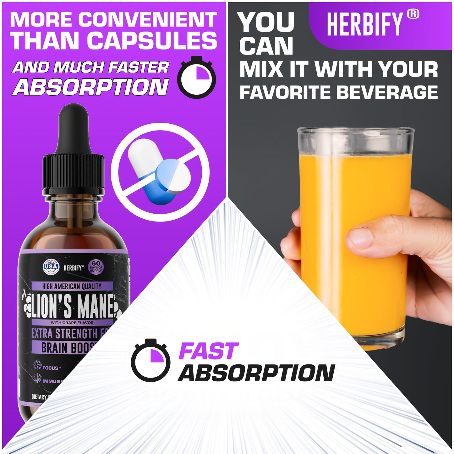 HERBIFY Lions Mane Supplement – Brain Booster for Memory, Focus & Clarity | 4 fl oz Grape
