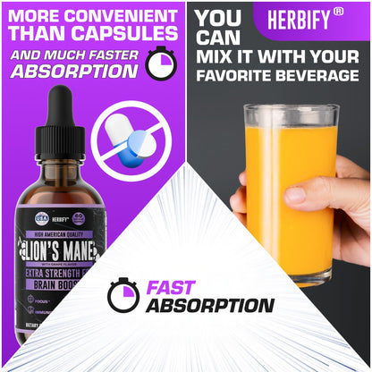 HERBIFY Lions Mane Supplement – Brain Booster for Memory, Focus & Clarity | 4 fl oz Grape