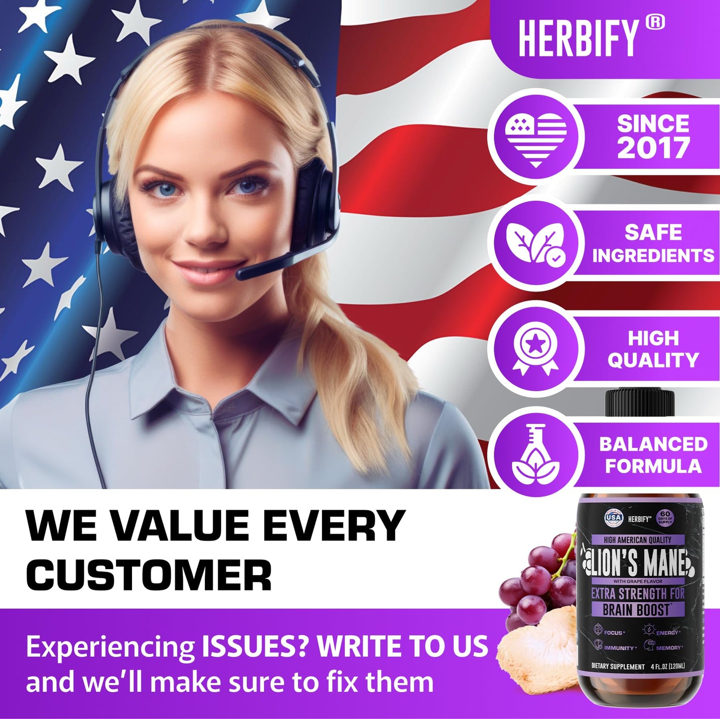 HERBIFY Lions Mane Supplement – Brain Booster for Memory, Focus & Clarity | 4 fl oz Grape