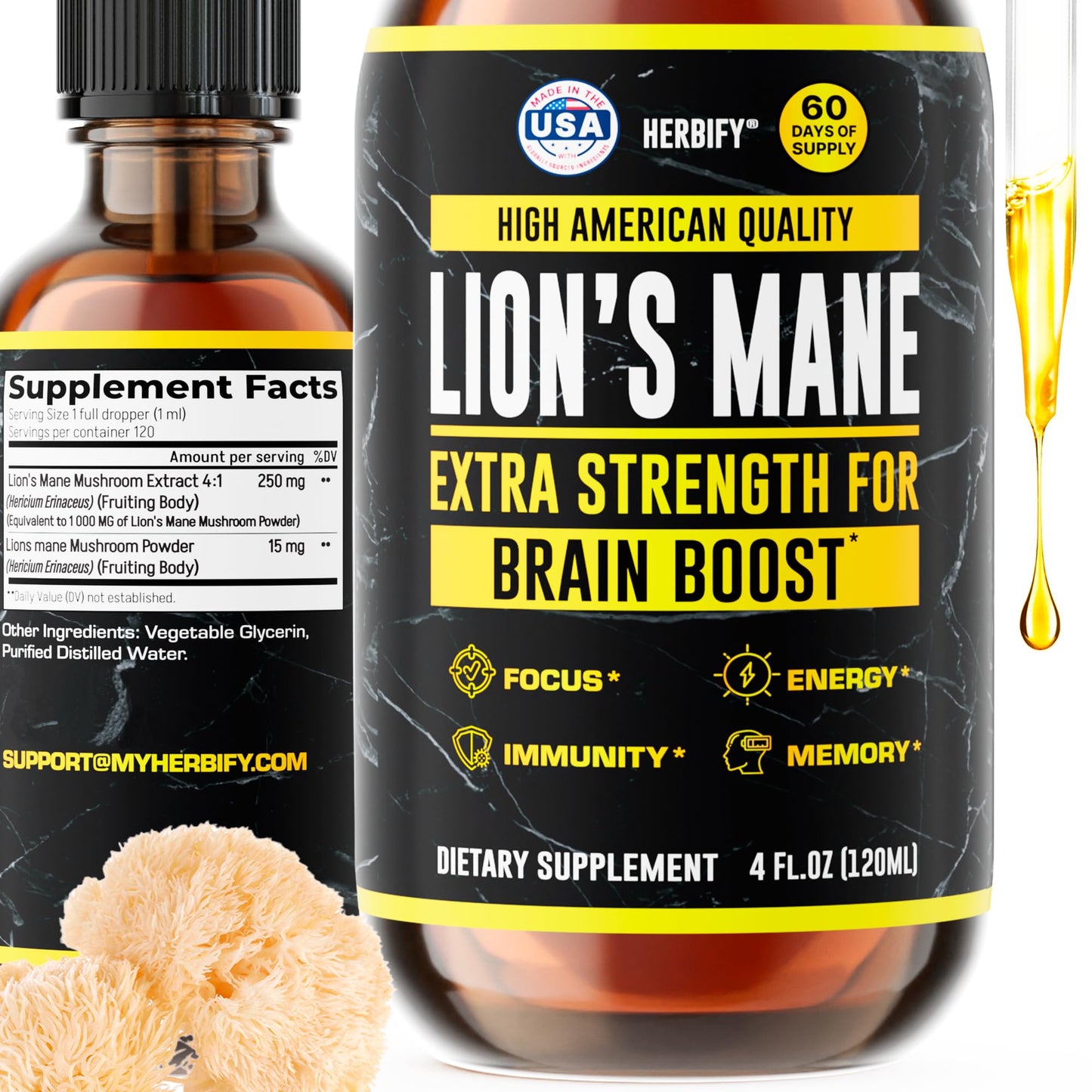 HERBIFY Lions Mane Supplement – Brain Booster, Focus & Clarity, Immune Support | 4 oz