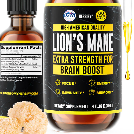 HERBIFY Lions Mane Supplement – Brain Booster, Focus & Clarity, Immune Support | 4 oz