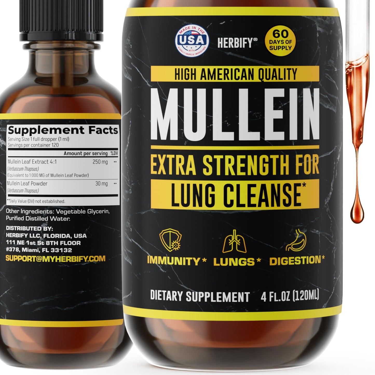 HERBIFY Mullein Drops - Lung Cleanse, Immune Support | Made in USA | 4 Oz