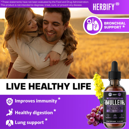 HERBIFY Mullein Drops – Lung Support & Immune Support, Made in USA, 4 Oz Grape Flavor