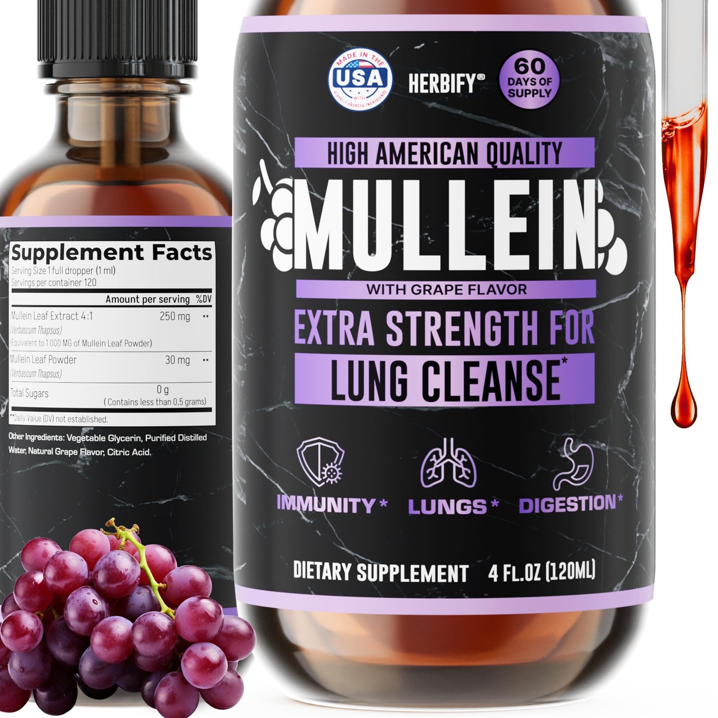 HERBIFY Mullein Drops – Lung Support & Immune Support, Made in USA, 4 Oz Grape Flavor
