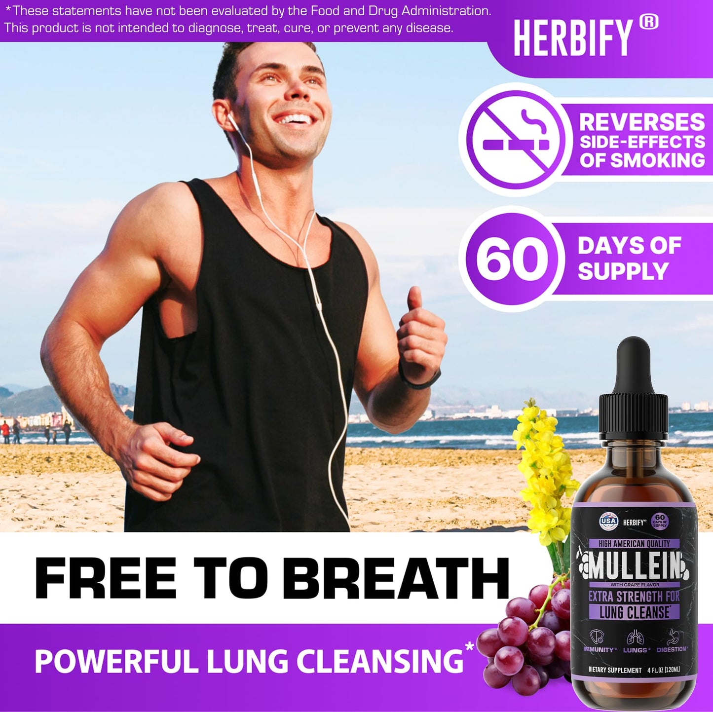 HERBIFY Mullein Drops – Lung Support & Immune Support, Made in USA, 4 Oz Grape Flavor