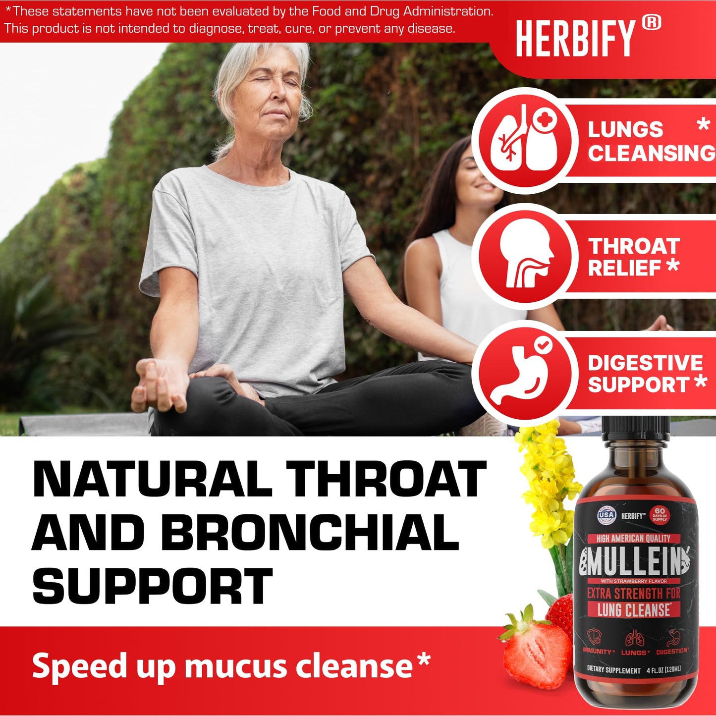 HERBIFY Mullein Drops - Lung Cleanse & Respiratory Support - Strawberry Flavor, 4 oz - Made in USA