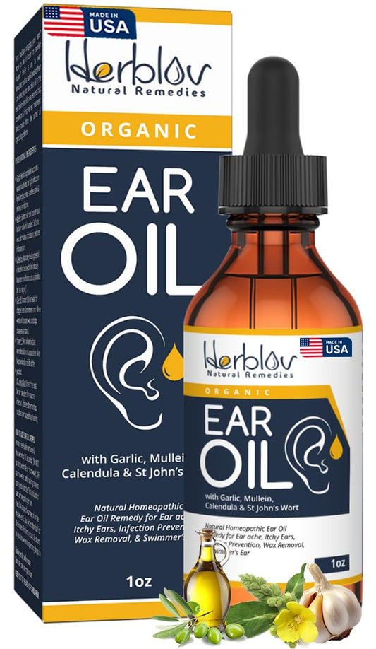 Herblov Organic Ear Oil for Ear Infections | Natural Eardrops for Swimmer's Ear & Wax Removal