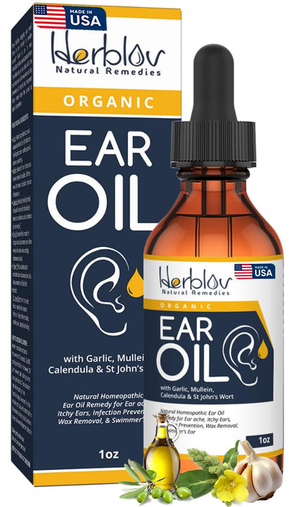 Herblov Organic Ear Oil for Ear Infections | Natural Eardrops for Swimmer's Ear & Wax Removal