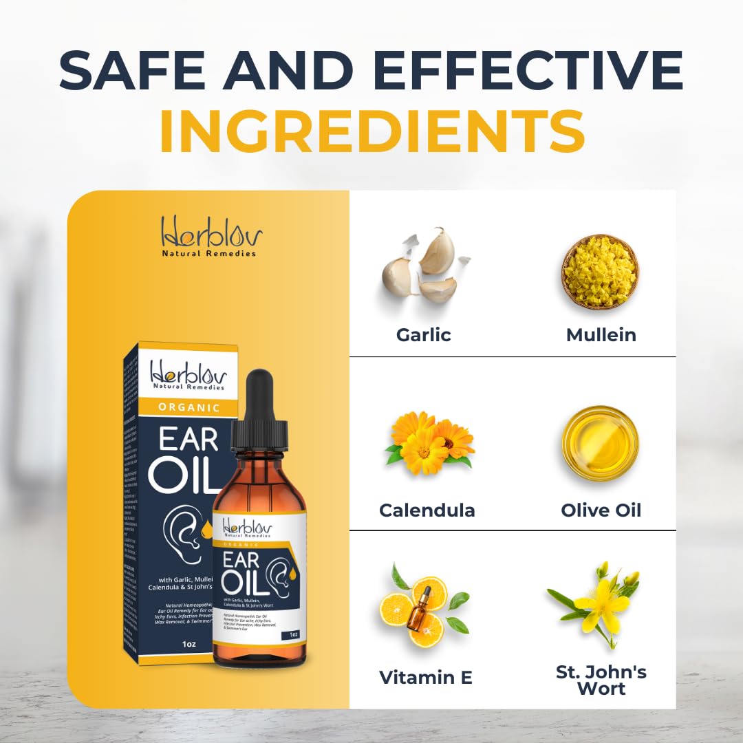 Herblov Organic Ear Oil for Ear Infections | Natural Eardrops for Swimmer's Ear & Wax Removal