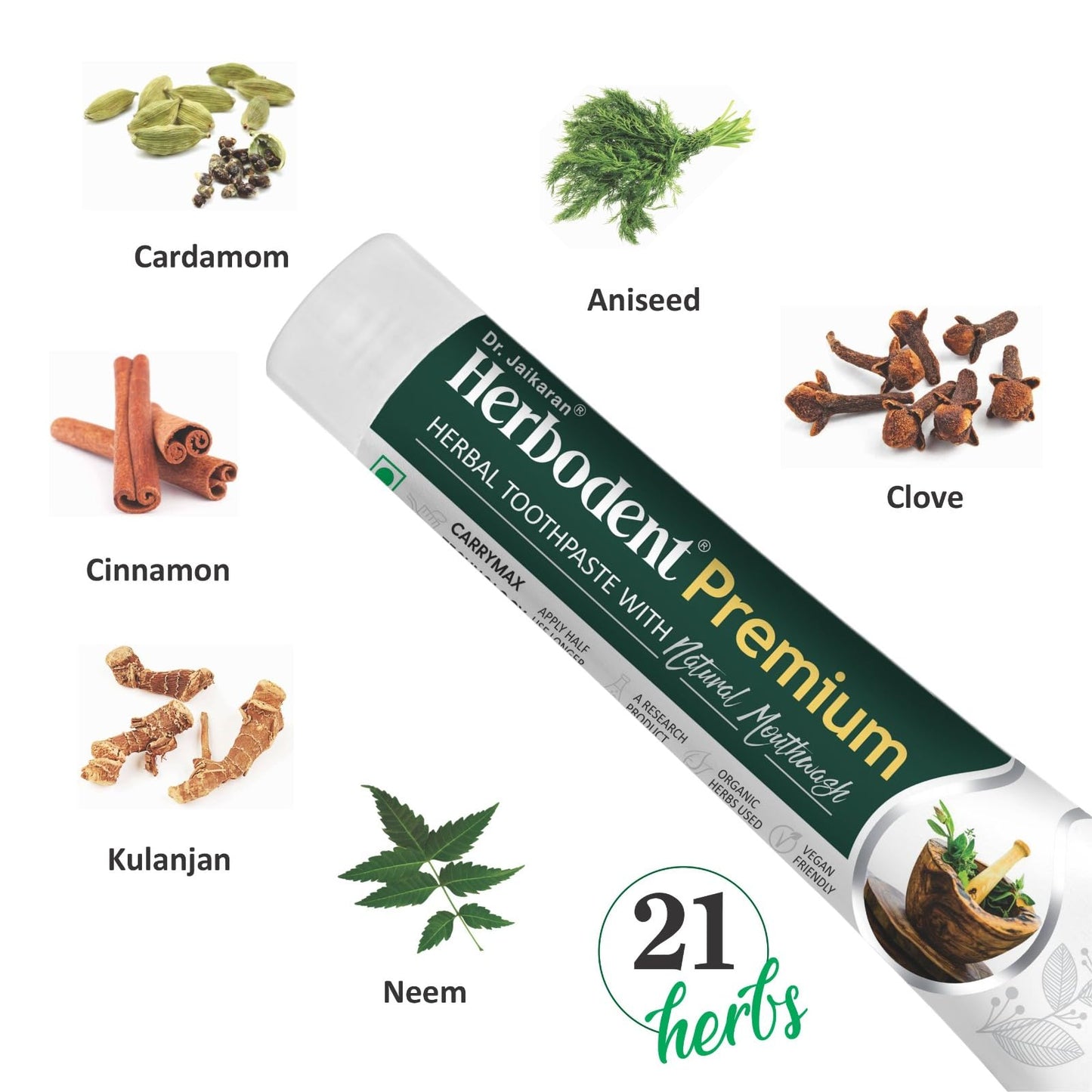 Herbodent ae Premium Toothpaste - 5.82 Oz | 21 Herbs for Strong Teeth & Healthy Gums - Neem, Clove, Cinnamon, Cardamom | Natural Mouthwash | No Paraben, No Fluoride, No Saccharin, No Triclosan