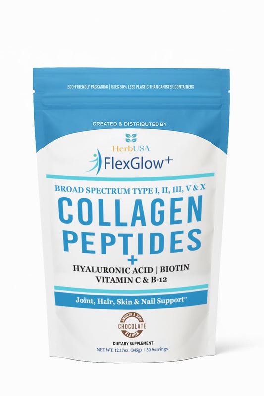 HerbUSA FlexGlow+ Collagen Peptides – 6,900mg Broad Spectrum I, II, III, V & X | Hair, Skin & Joint Support