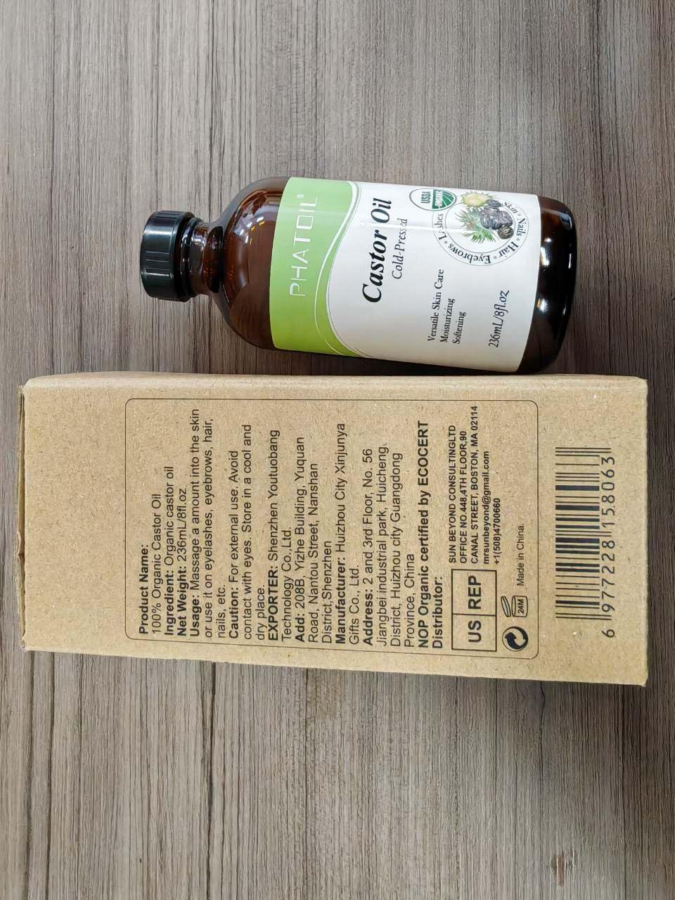 PHATOIL Organic Castor Oil – Cold Pressed in Glass Bottle with Pump, 236 ml (8 fl oz) USDA Organic