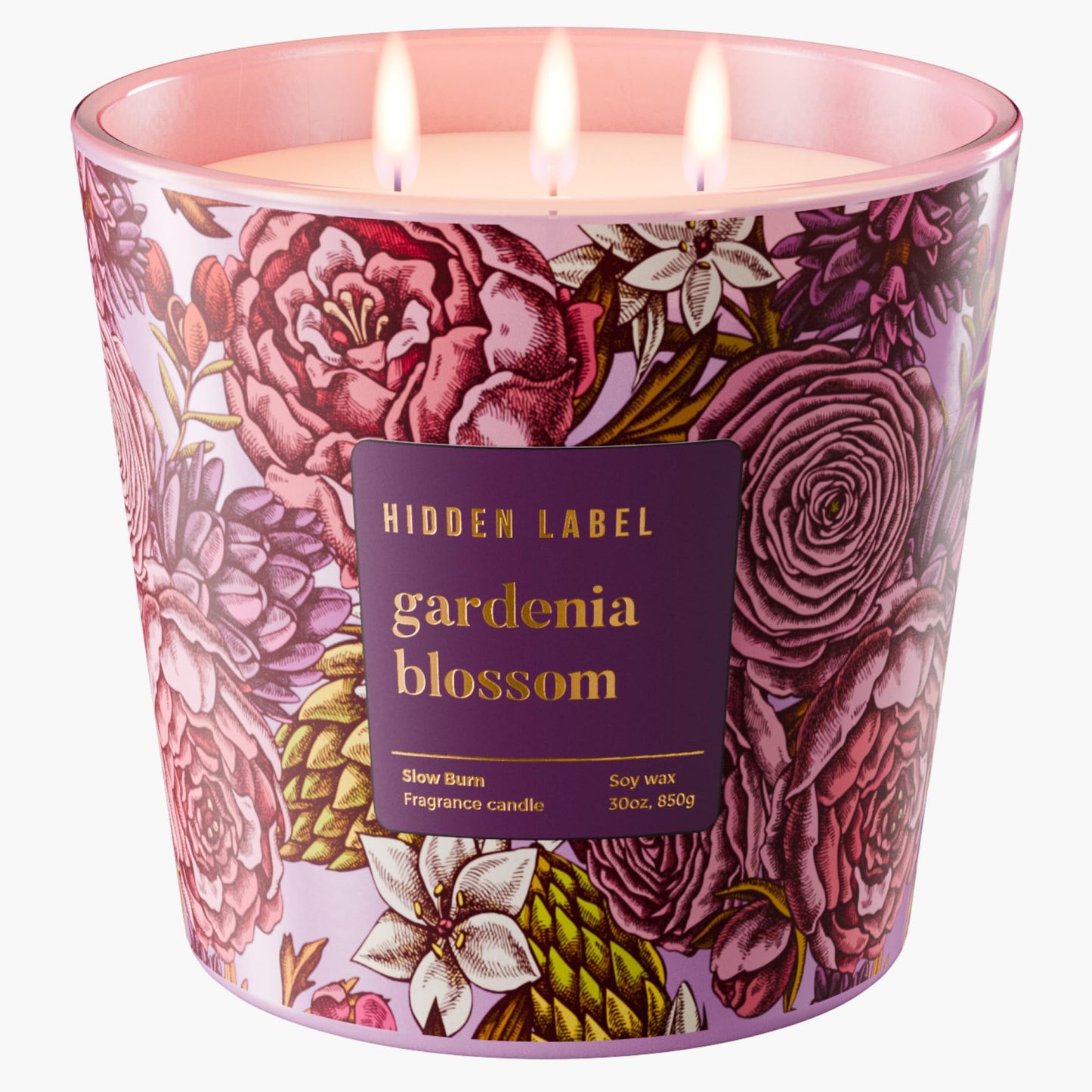 Hidden Label Big Gardenia Blossom Soy Candle - 3-Wick, 30oz, 100 Hour Burn, Non-Toxic