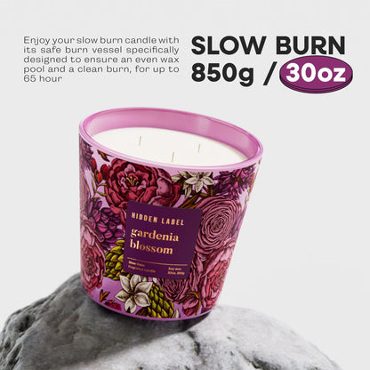 Hidden Label Big Gardenia Blossom Soy Candle - 3-Wick, 30oz, 100 Hour Burn, Non-Toxic