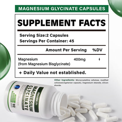 Magnesium Glycinate 400 mg – Chelated, High Absorption, Gentle on Stomach | 90 Vegetarian Capsules