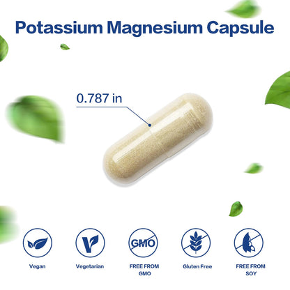 Potassium Magnesium 1000mg Supplement | Leg Cramps Relief | High Absorption | Vegan (60 Capsules)