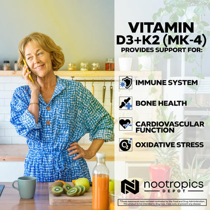 Nootropics Depot Vitamin D3 + K2 with Vitamin C Tablets – 60 Count | Mood & Bone Health
