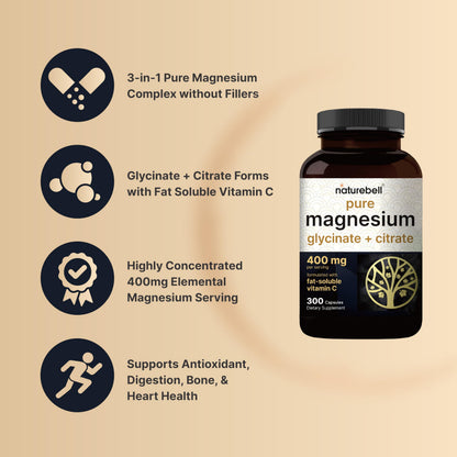 Magnesium Complex 400mg | 300 Capsules | Glycinate & Citrate | Non-GMO