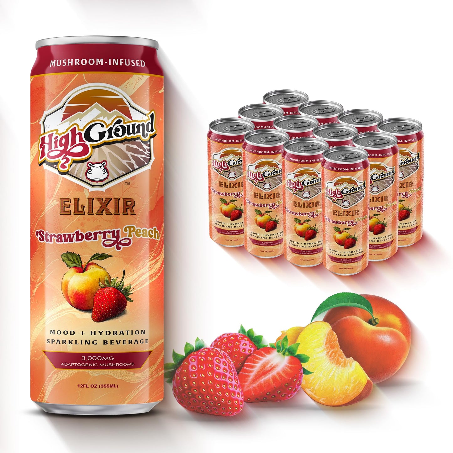 High Ground Elixir Mushroom Seltzer - Strawberry Peach | Low Cal, No Added Sugar | 12oz Cans (12 Pack)