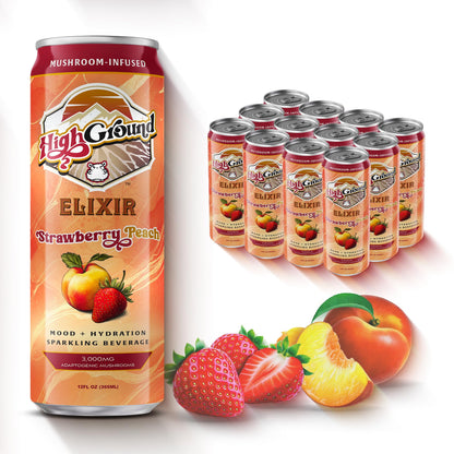 High Ground Elixir Mushroom Seltzer - Strawberry Peach | Low Cal, No Added Sugar | 12oz Cans (12 Pack)