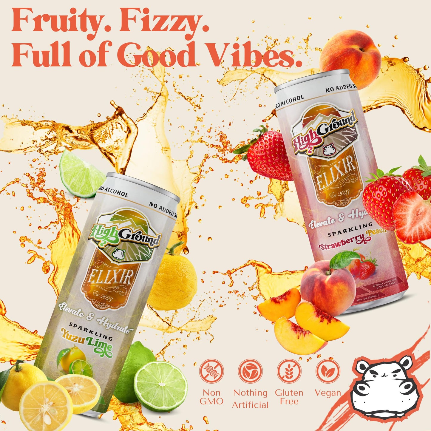 High Ground Elixir Mushroom Seltzer - Strawberry Peach | Low Cal, No Added Sugar | 12oz Cans (12 Pack)