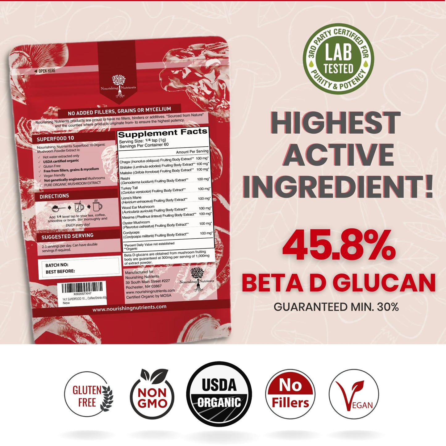 Organic Mushroom Powder Extract – 10-Mushroom Superfood Blend (14x Stronger) – 60g | USDA Immunity Booster