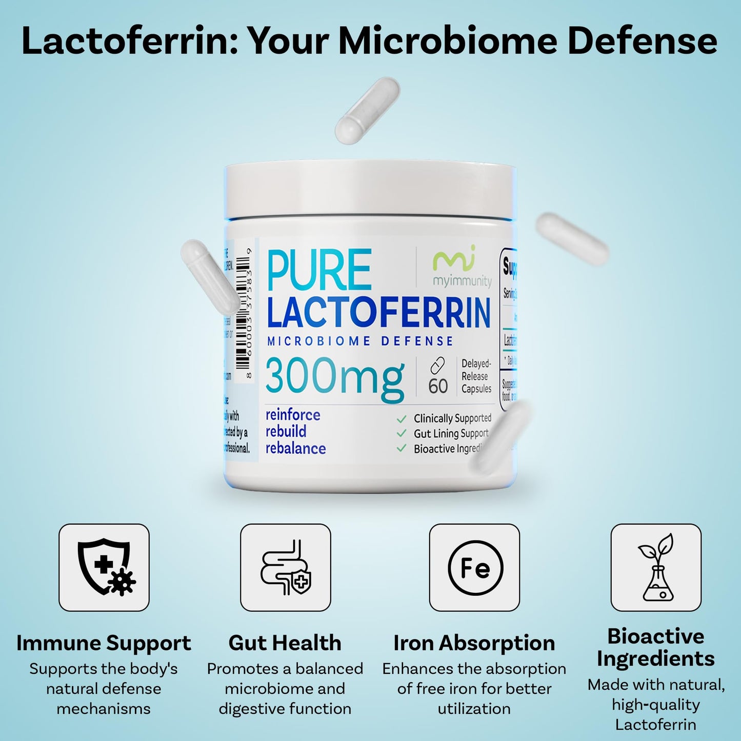 MyImmunity Pure Lactoferrin 300mg | Immune Support & Iron Absorption | Gluten-Free (60 Capsules)