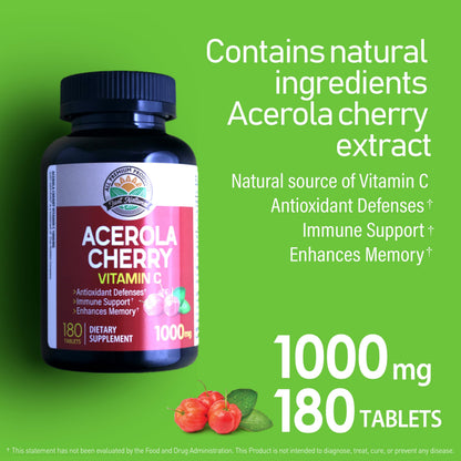 NANOWELL Acerola Cherry Vitamin C 1000mg | Immune Support | 180 Tablets